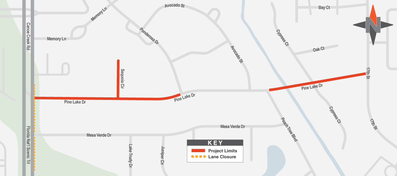 The map shows lane shift and lane closures on Pine Lake Drive between Old Canoe Creek Road and Ponderosa Drive, on Sequoia Circle and Pine Lake Drive between Peach Tree Boulevard and 17th Street.