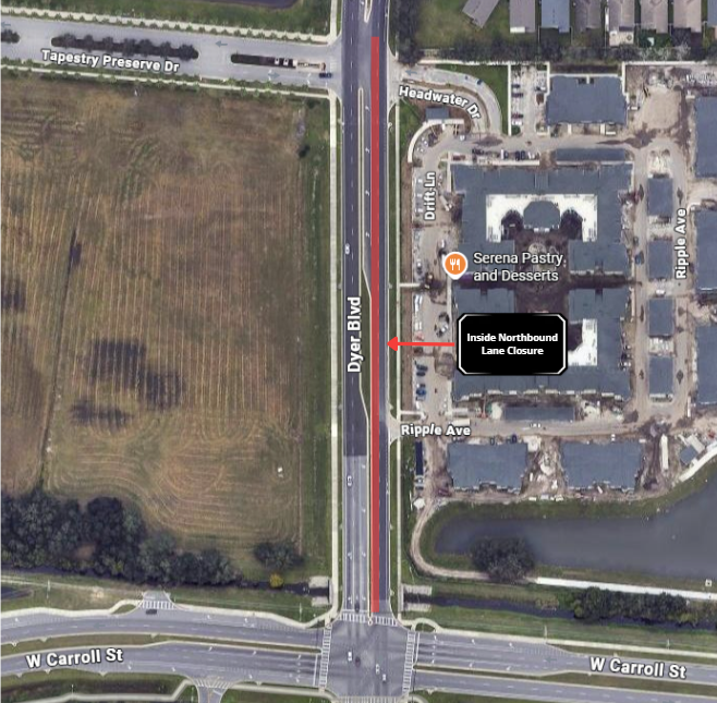 Map shows the inside northbound lane closure on Dyer Boulevard between W. Carroll Street and Headwater Drive.