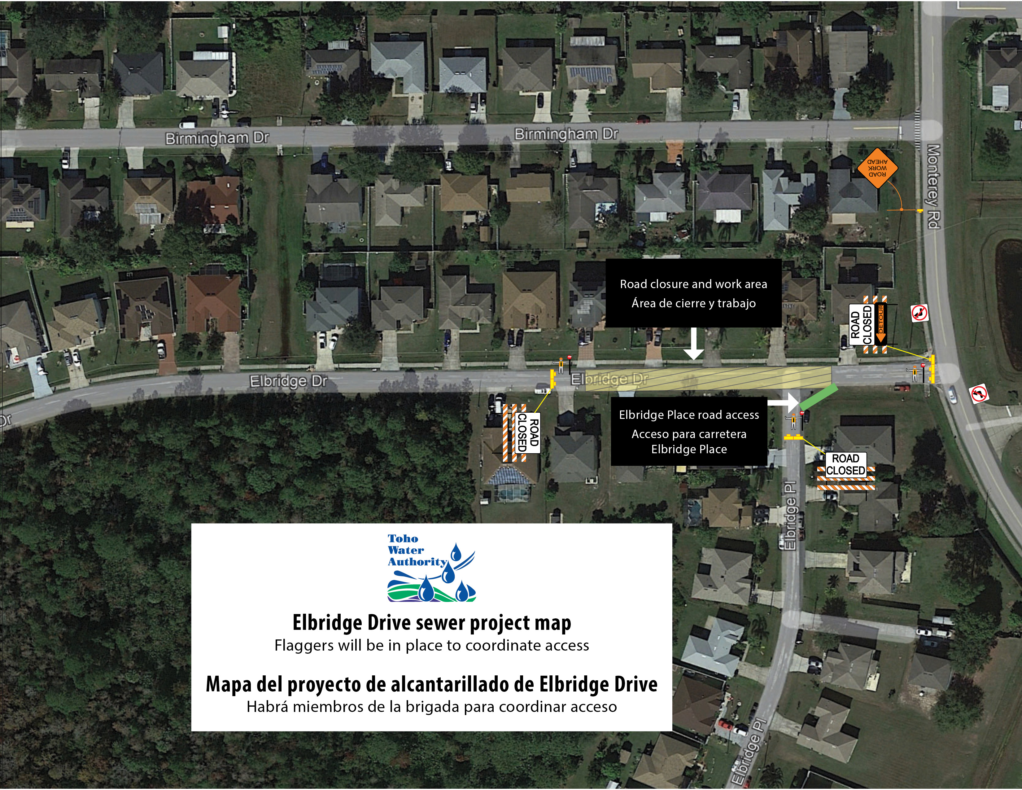 Map shows the road closure Elbridge Drive near the Monterey Road intersection. The Elbridge Place intersection will also be closed. An access road at the intersection will be in place to provide access.