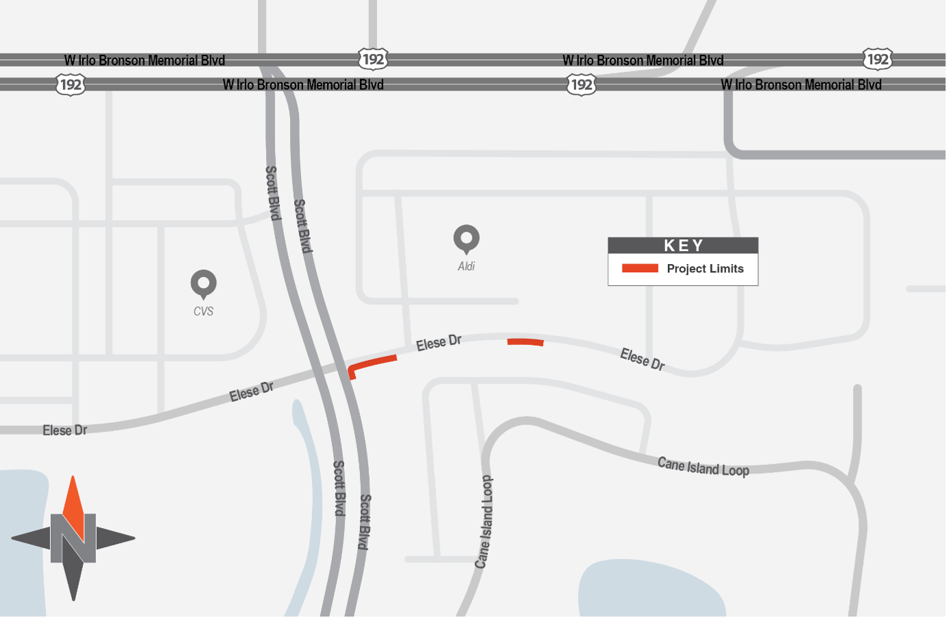 Map shows sewer work occurring on Elese Drive east of Scott Boulevard.