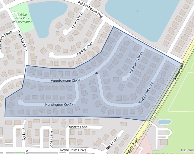 Map showing the precautionary boil water advisory area shaded in blue covering the Simpson Road and Pebble Pointe Way area.