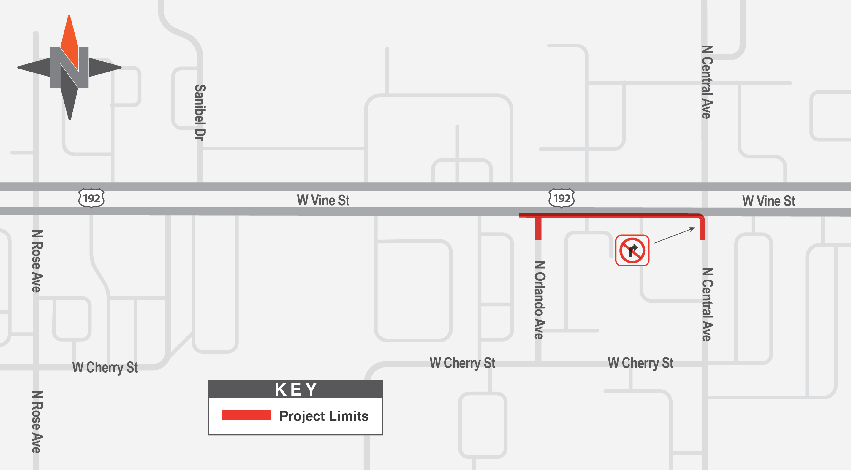 The map shows the West Vine Street eastbound lane closure between North Orlando Avenue and North Central Avenue. North Orlando Avenue road closure from West Vine Street to West Cherry Street will also be in effect.