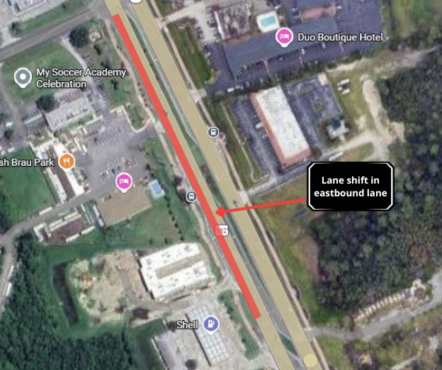 The red line on the map shows the lane shift in the outside eastbound lane on 192/W Irlo Bronson Memorial Highway. 