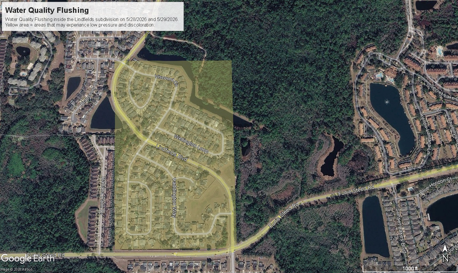 The area in yellow on the map indicates the area in which water quality flushing will take place.