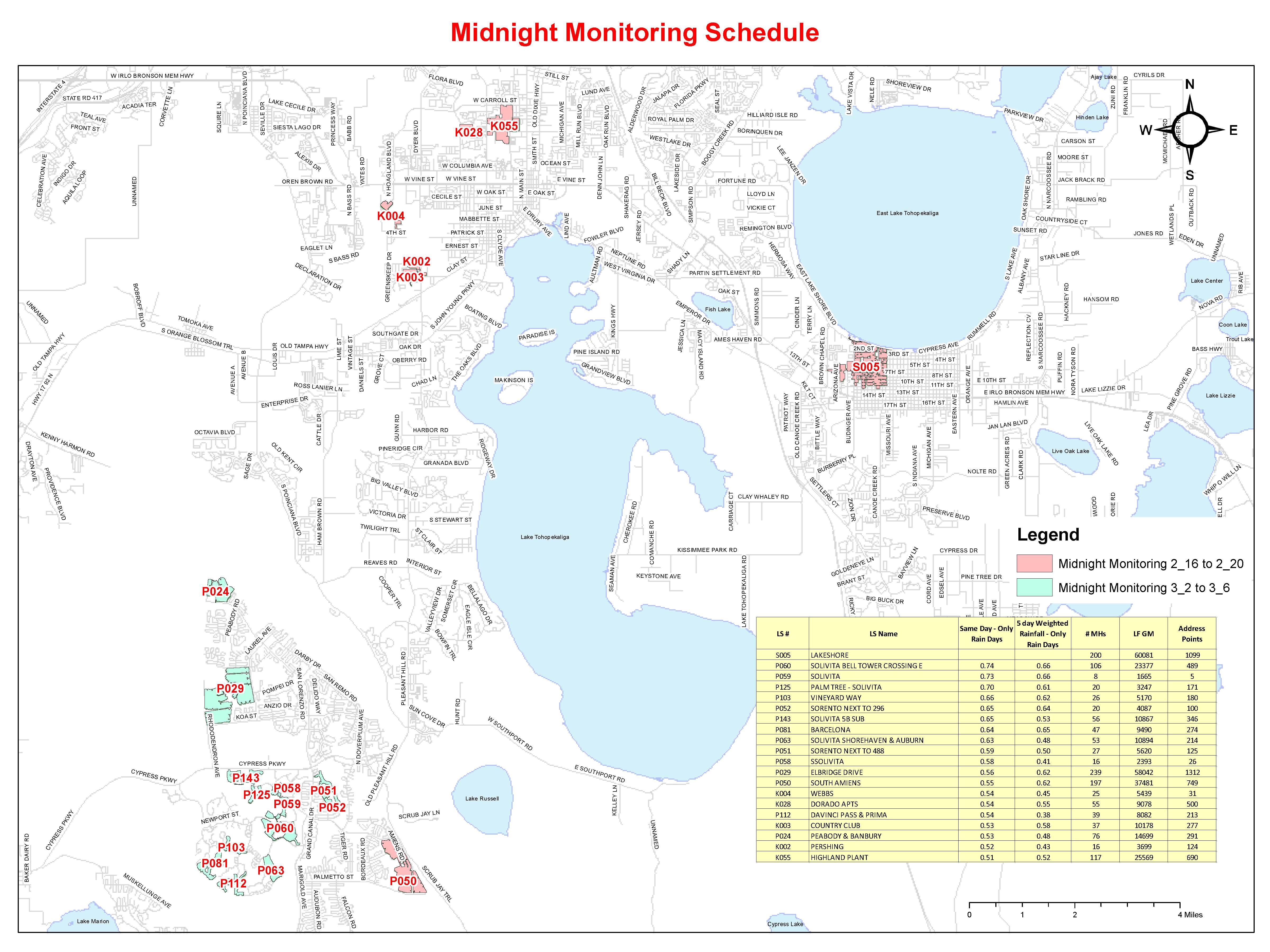 Map shows night monitoring on Toho’s sewer system in the areas of City of St. Cloud, Poinciana, North Hoagland Boulevard and Greenskeeper Drive.