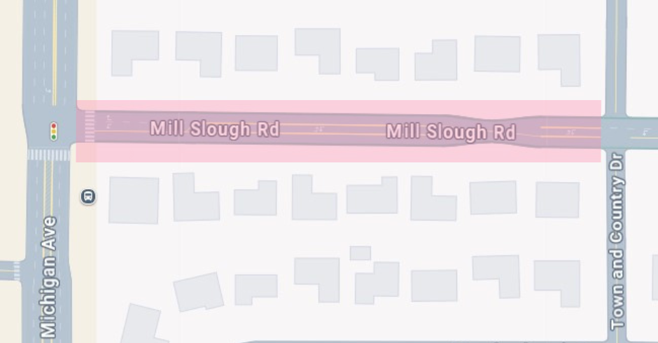 Area in red shows a road closure between Michigan Avenue and Town and Country Drive due to sewer system improvements. 