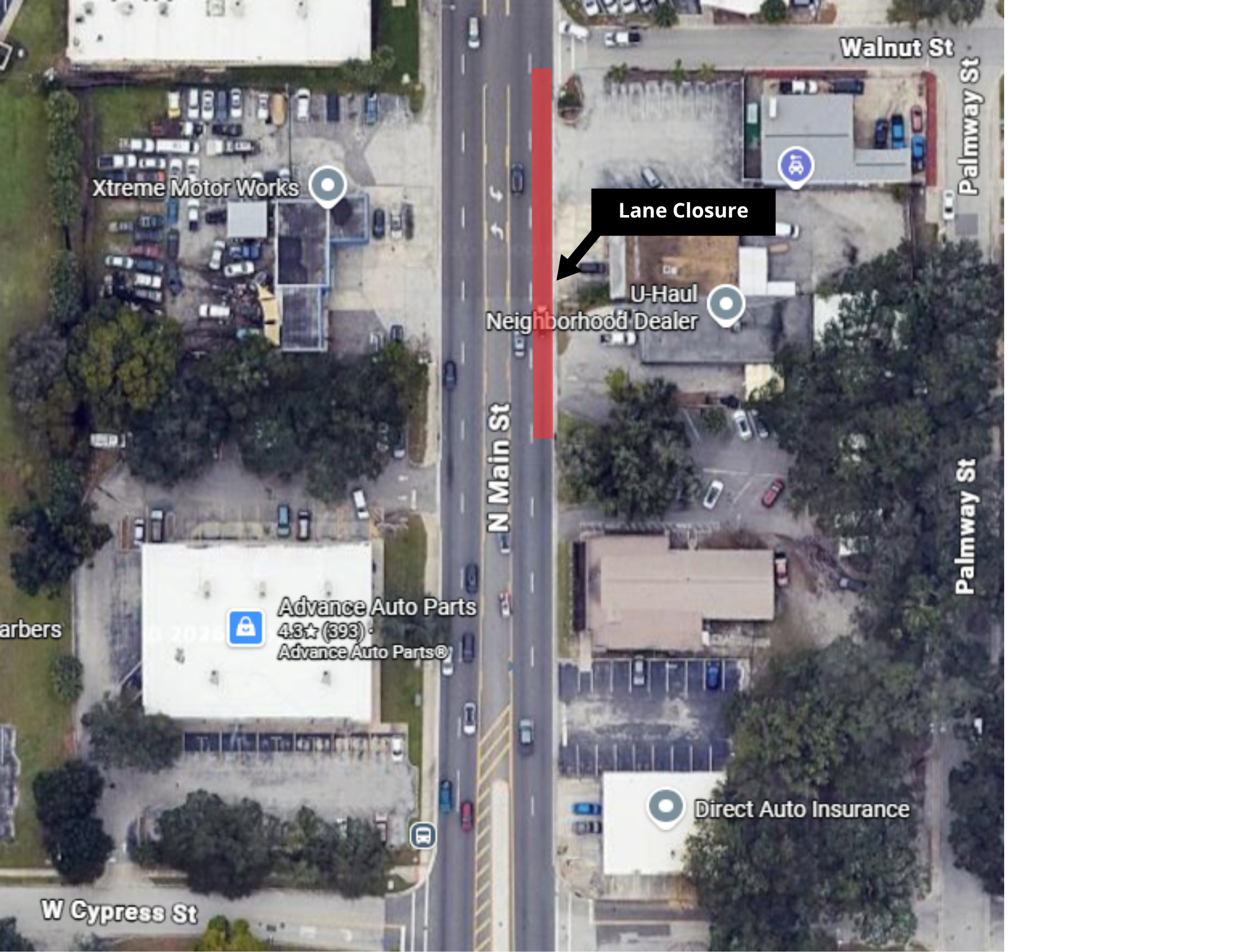 Map shows in red the outside northbound lane closure on N. Main Street between W. Cypress Street and Walnut Street.