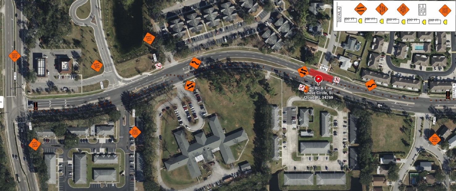 The map shows the area affected by a road closure and lane shift at Nolte Road and Pine Chase Circle.