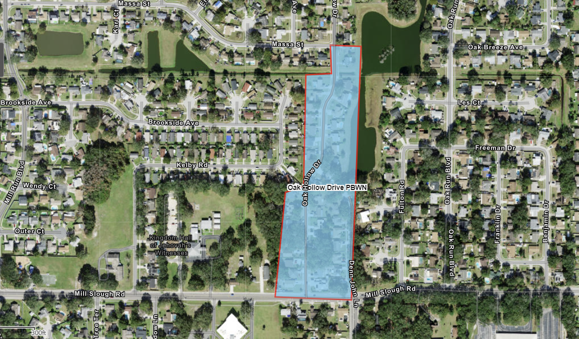 Blue shaded area over Oak Hollow drive from mill slough rd to massa street over to denn john lane 