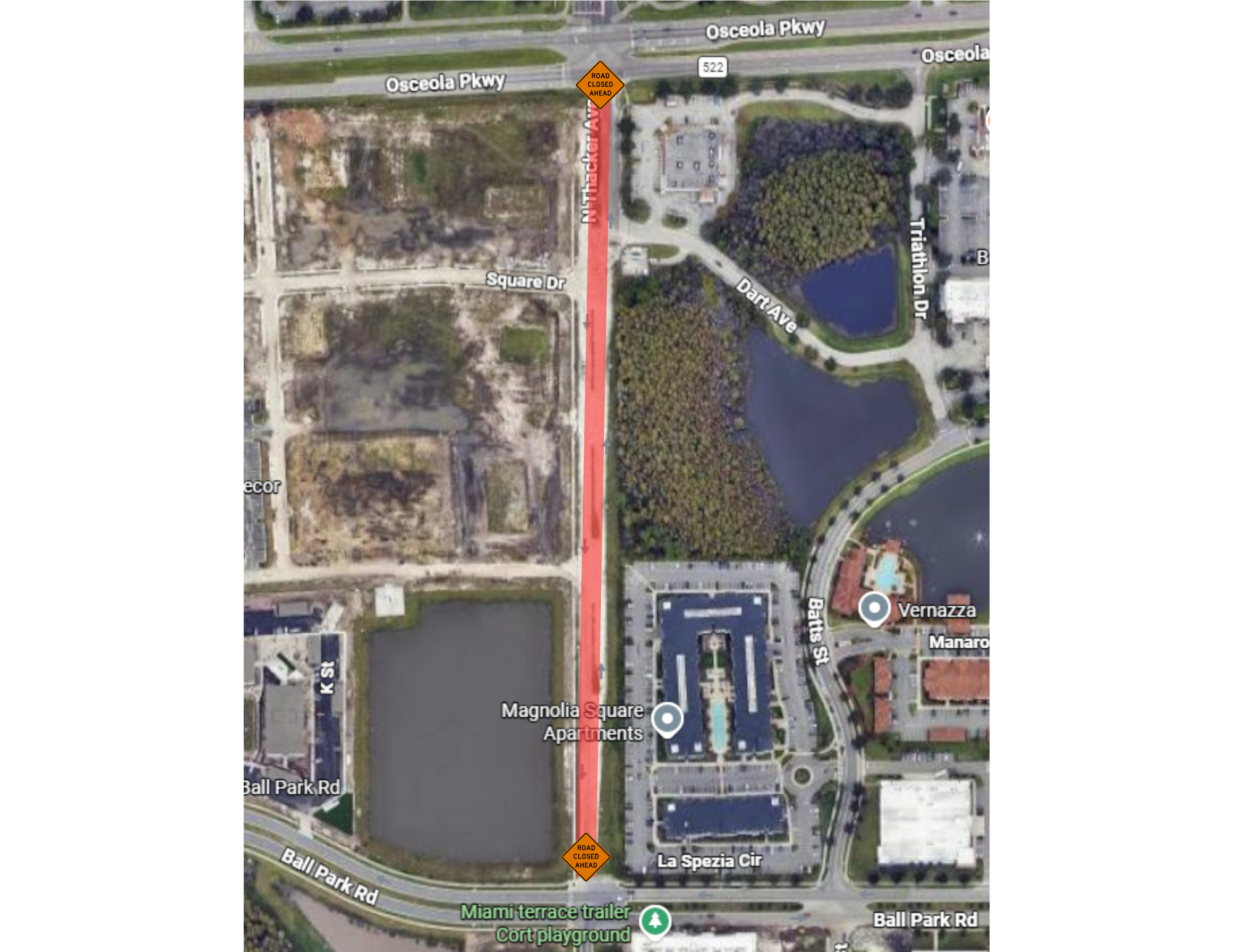 Map shows in red the road closure on N. Thacker Avenue between Ball Park Road and Osceola Parkway.