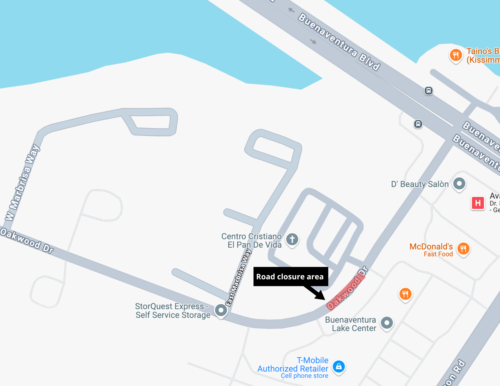 Map shows the road closure area on Oakwood Drive between Buenaventura Boulevard and East Marbrisa Way to safely conduct the repair.