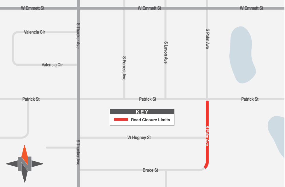Map shows the closure on Palm Avenue between Bruce Street and Patrick Street.