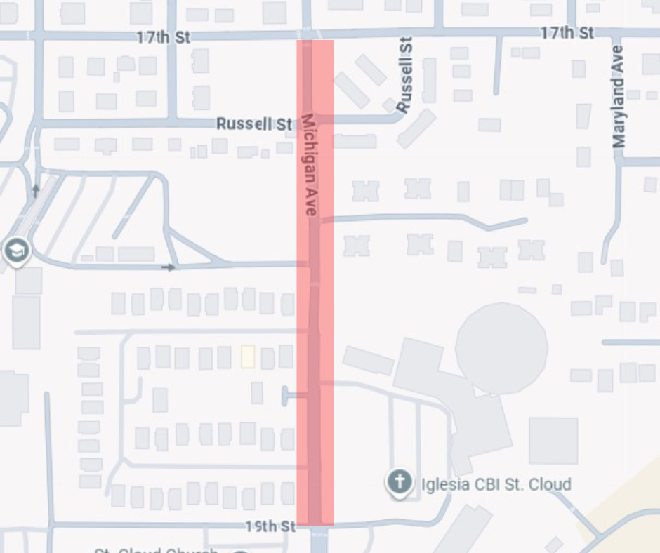 Map shows road closure shaded in red on Michigan Avenue between 17th Street and 19th Street.