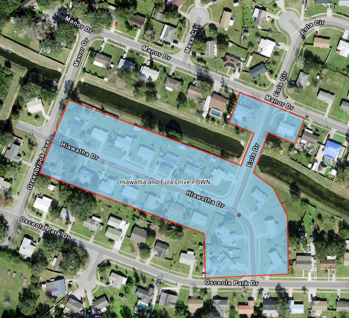 Map shows advisory area highlighted in blue for customers located at Hiawatha Drive, Eola Drive, Osceola Park Drive and Manor Drive.