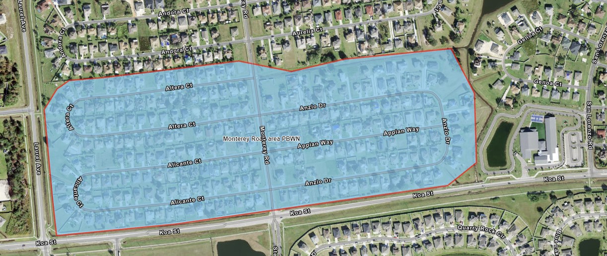The area highlighted in blue shows the advisory in the Monterey Road area in Kissimmee. 