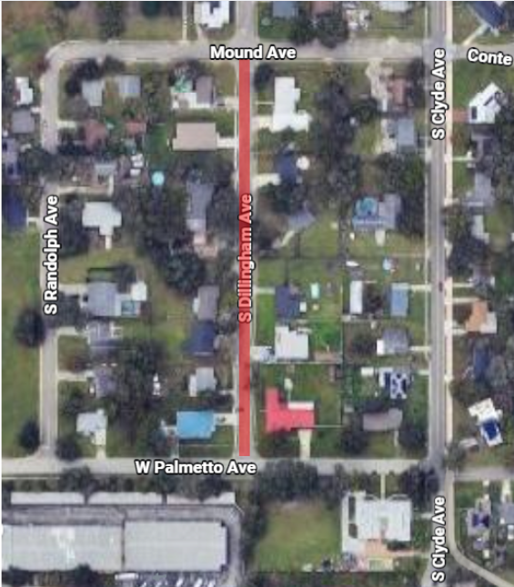 Map shows road closure indicated by red line on S Dillingham Avenue from Mound Avenue to W Palmetto Avenue.