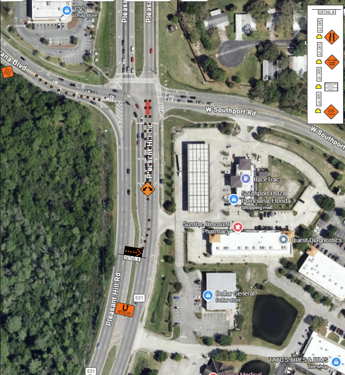 Map shows the closure of the outside northbound lane on Pleasant Hill Road in Poinciana.