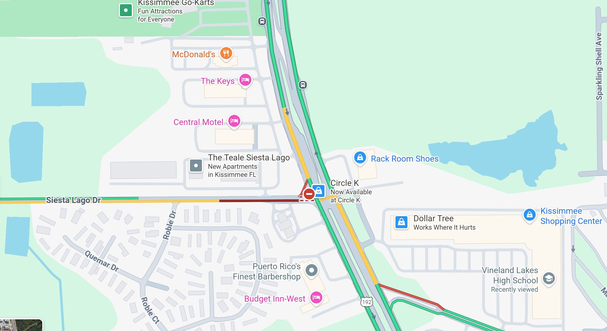map showing red line and road closure on siesta lago boulevard near us 192