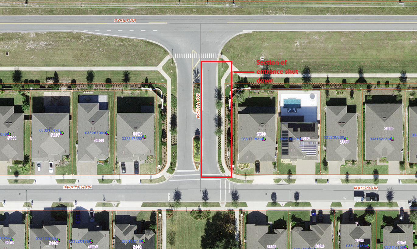 The map highlights the closure of the Aversa Avenue exit to Cyrils Drive, shown in red. This section of the roadway will be fully closed while construction is underway. Drivers should use the Miller Street or Potenza Drive exits as alternate routes.