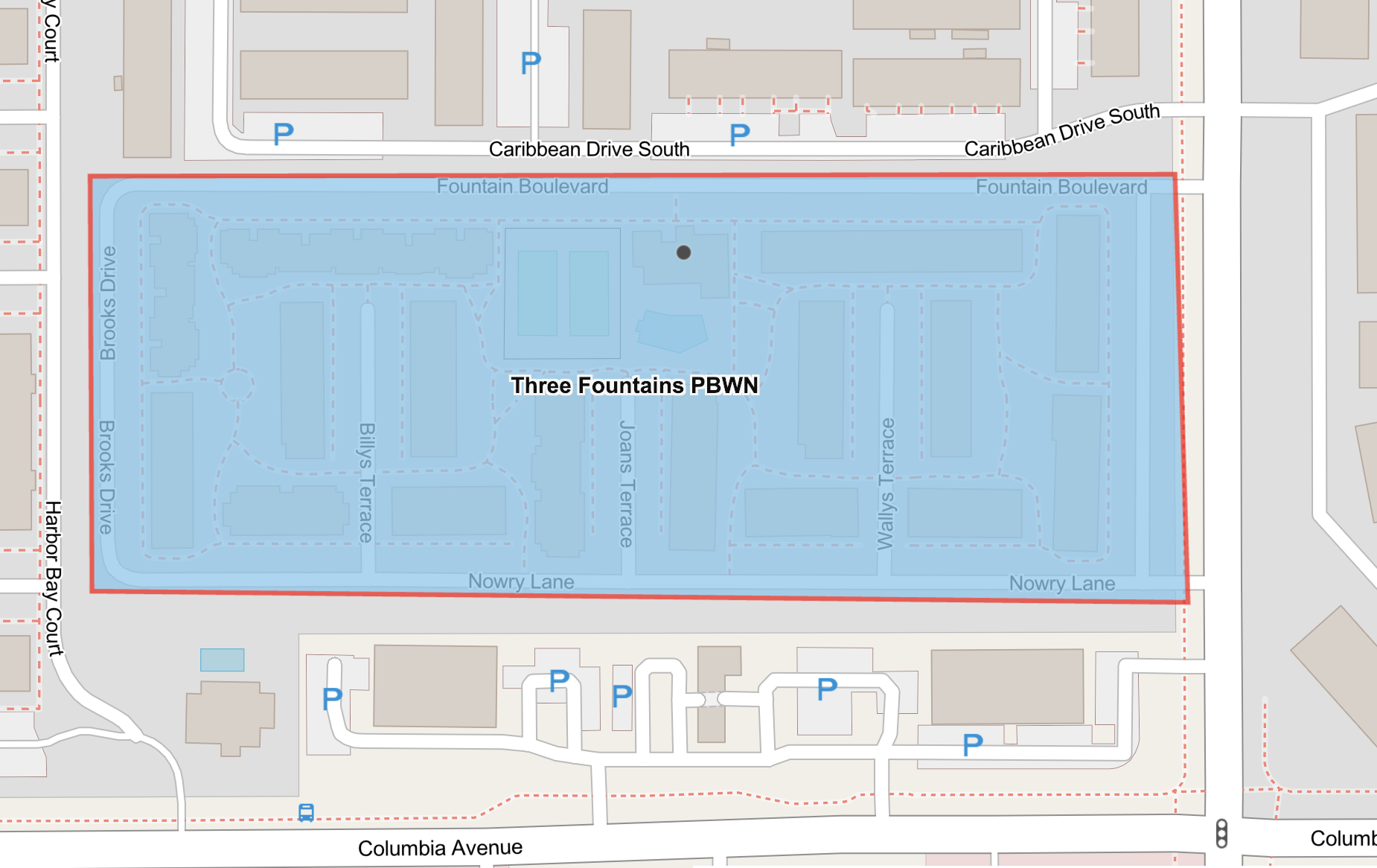 Map shows the advisory area for Three Fountains Apartments highlighted in blue. 