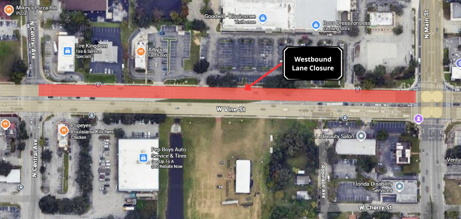 The area in red indicates three westbound lanes that are currently closed between N. Central Avenue and N. Main Street/OBT.