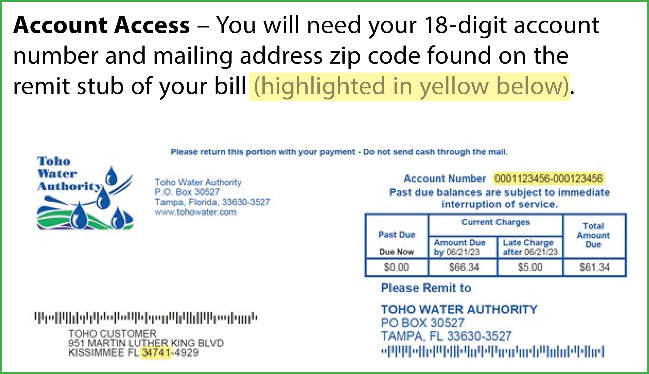 Sample of Toho bill showing location of 18-digit account number and mailing zip code to be used when enrolling on the payment portal. 