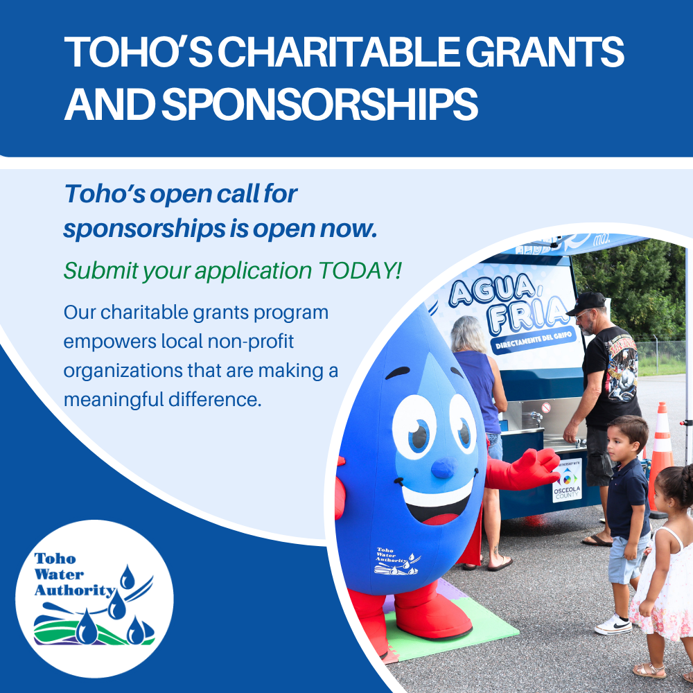 Graphic shows a photo of Toho's water drop mascot Hydro interacting with children. The graphic includes information about Toho's charitable grants and sponsorships program. The open call takes place from June 15 through July 15.