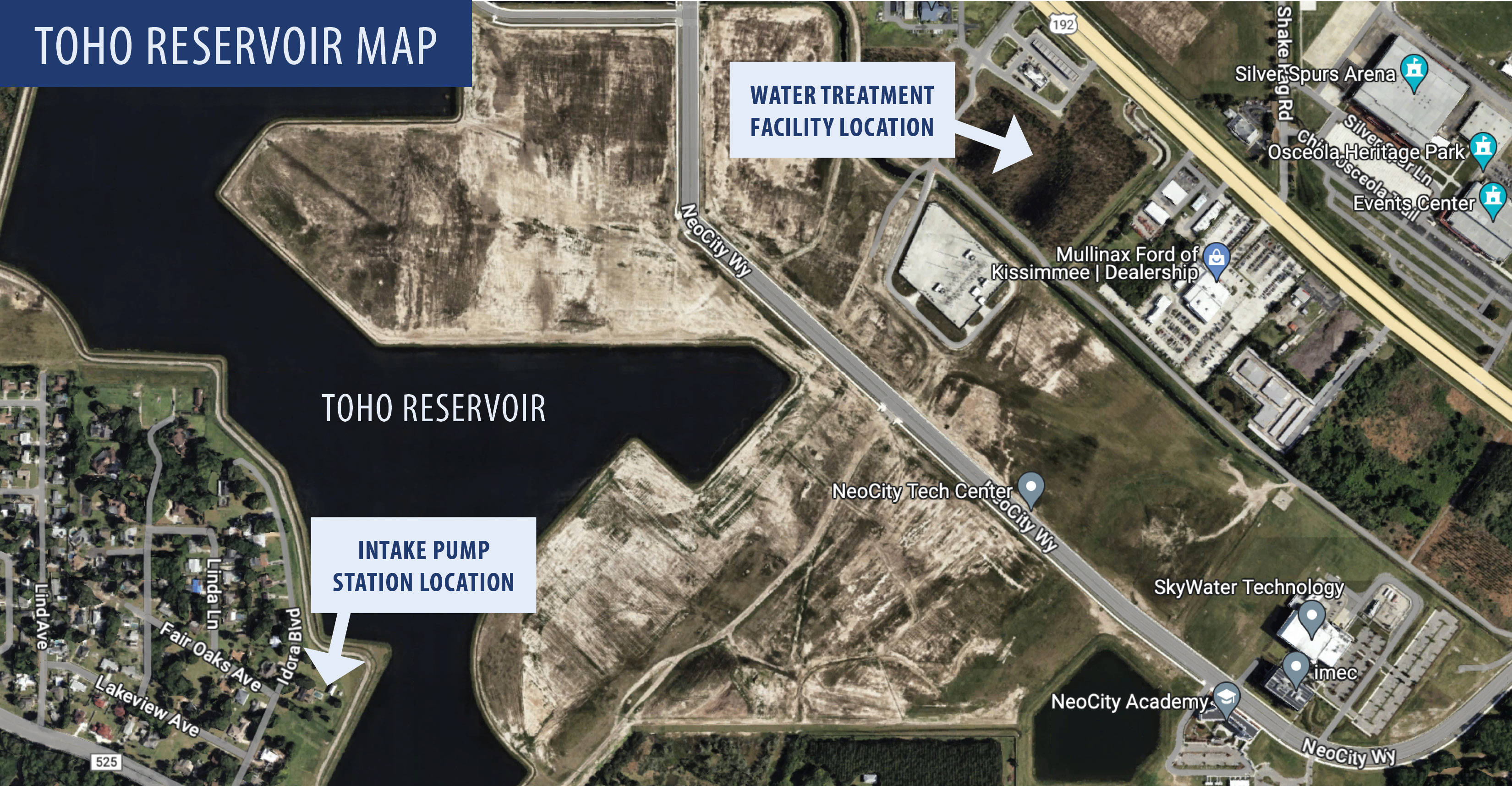 Map shows image of the reservoir and the location of the water treatment facility and intake pump station. The water treatment facility will be located on the southern side of U.S. 192 near Fortune Road. The intake pump station will be located off Idora Avenue.
