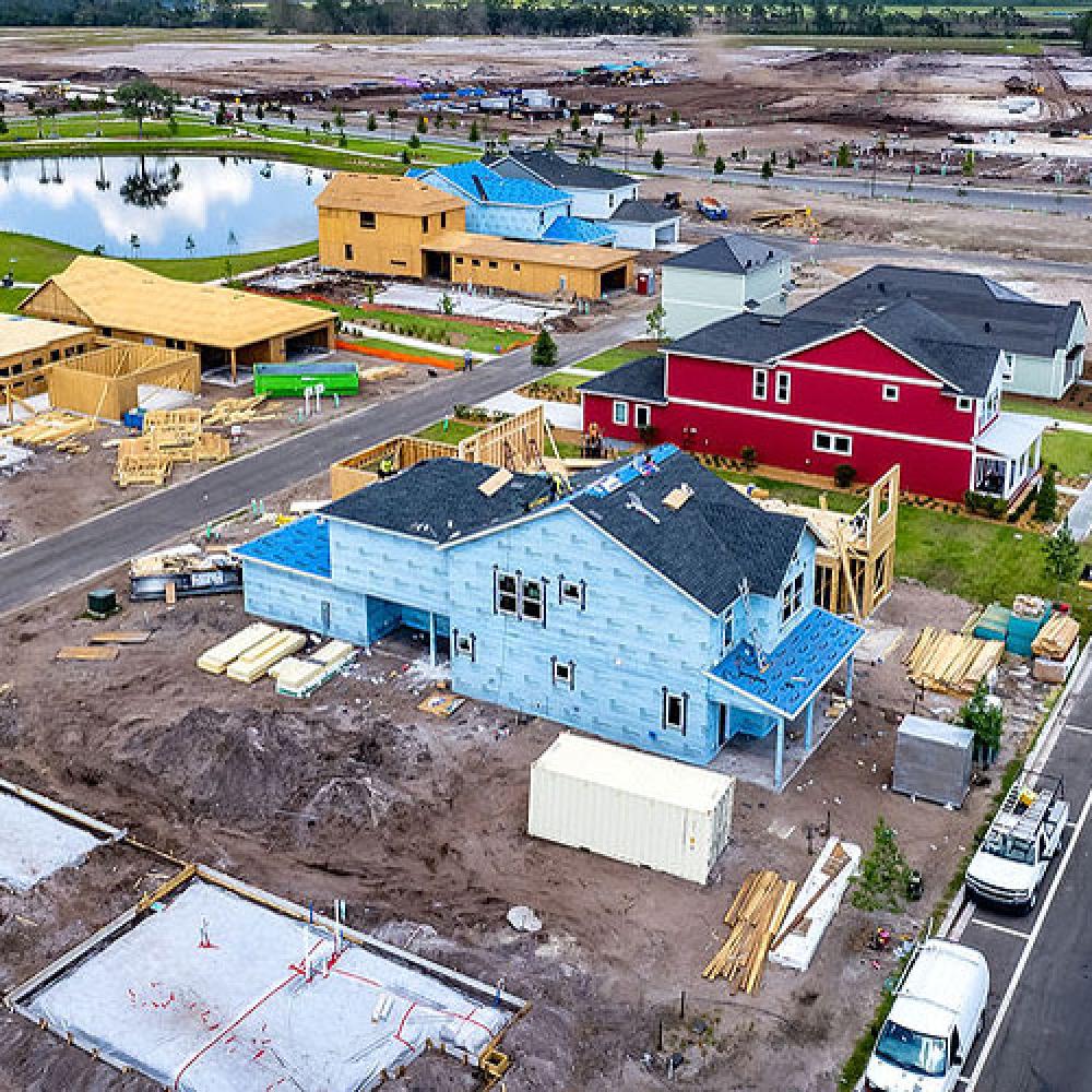 Aerial view of housing construction site. 