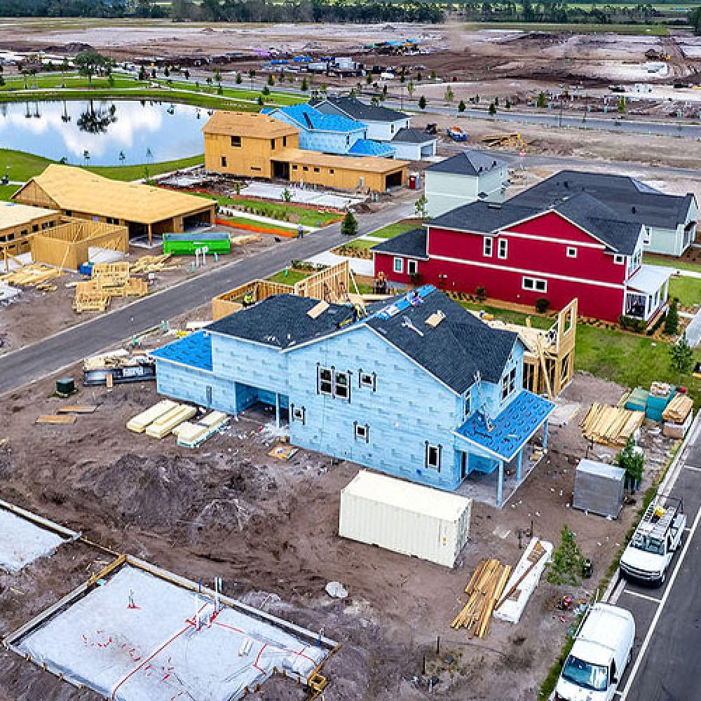 Aerial view of housing construction site.