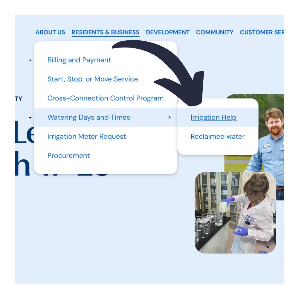 Image shows where to make an irrigation evaluation request by going to the Resident and Business menu tab and going to Watering Days & Times menu item. 