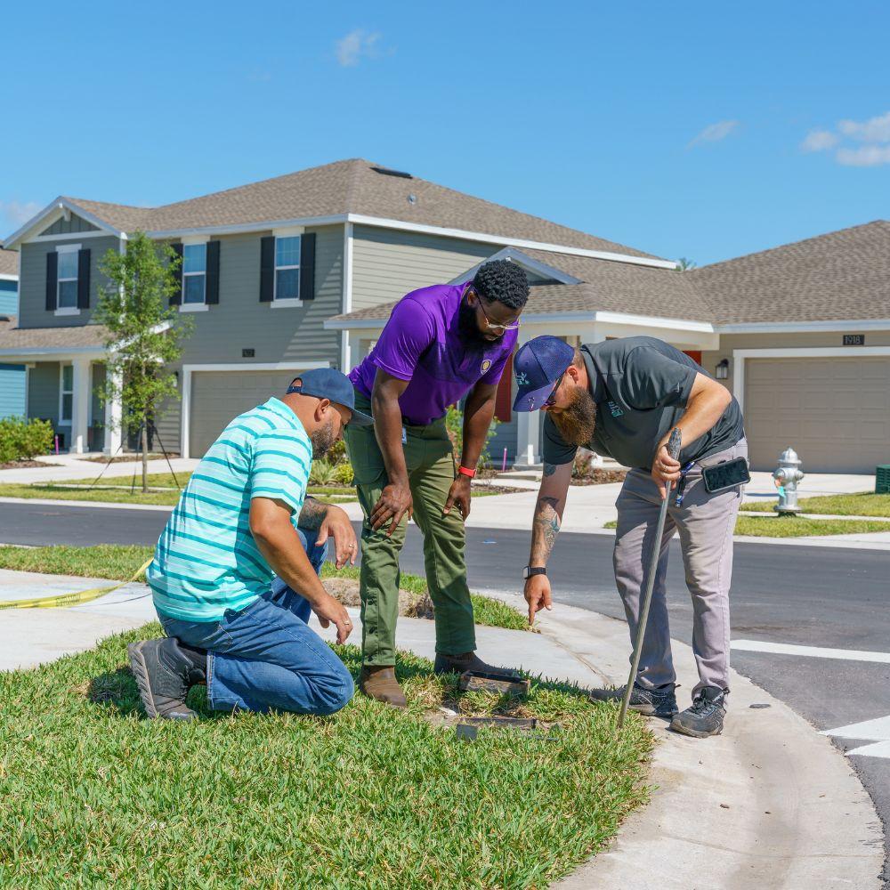Image of Toho inspectors checking a home's landscape. 