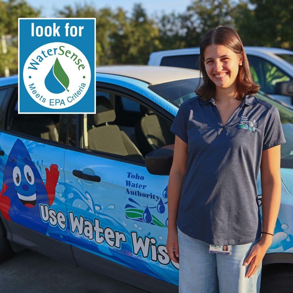 Image of irrigation specialist standing in front of vehicle with the WaterSense logo in the top left of photo. 