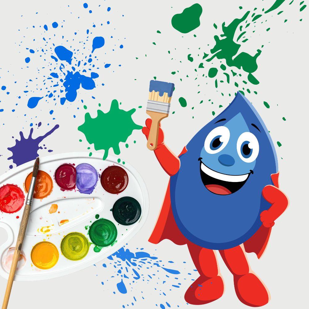 Image of paint palette with mascot Hydro holding a paint brush with spatters of paint in the background.